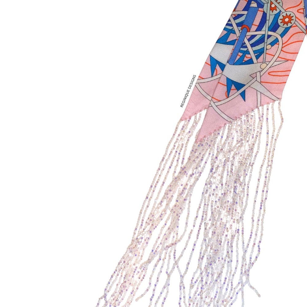 SeraBijoulet™ Handcrafted Silk Skinny Scarf with Beaded Fringe - Picture 5 of 7